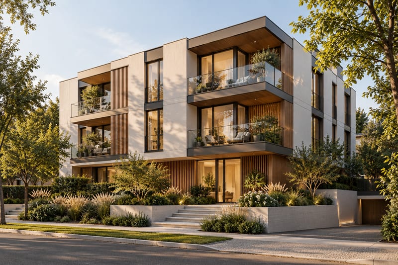 Immeuble à appartements contemporain avec balcons et bardage bois